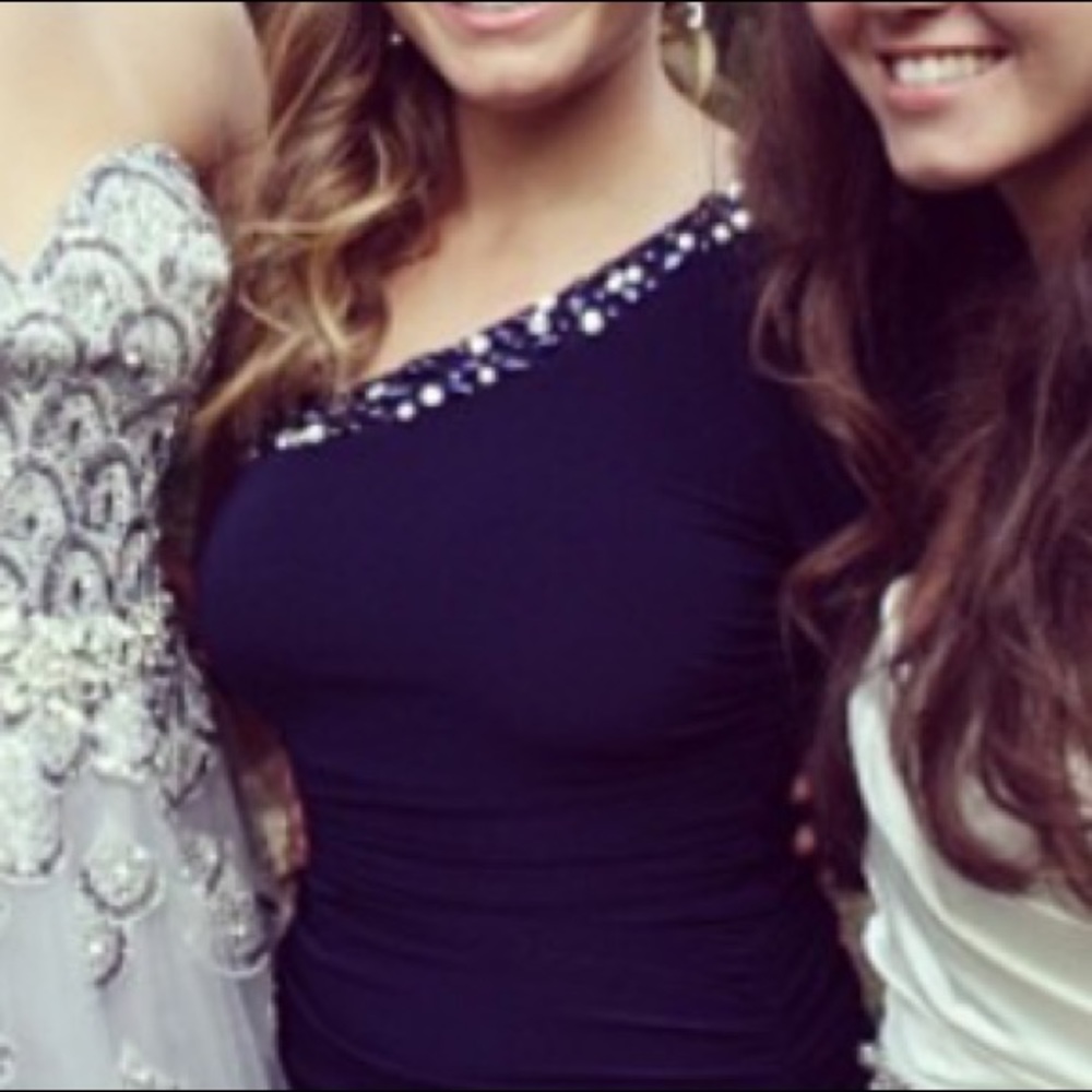 Fitted Navy One Shoulder Dress with Beading - Picture 2 of 4